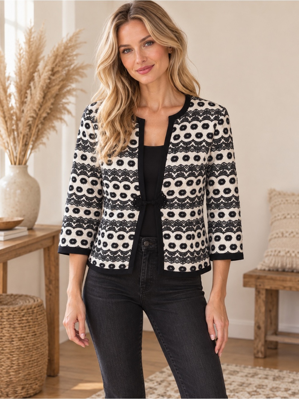Trina Turk Black and White Patterned Knit Blazer